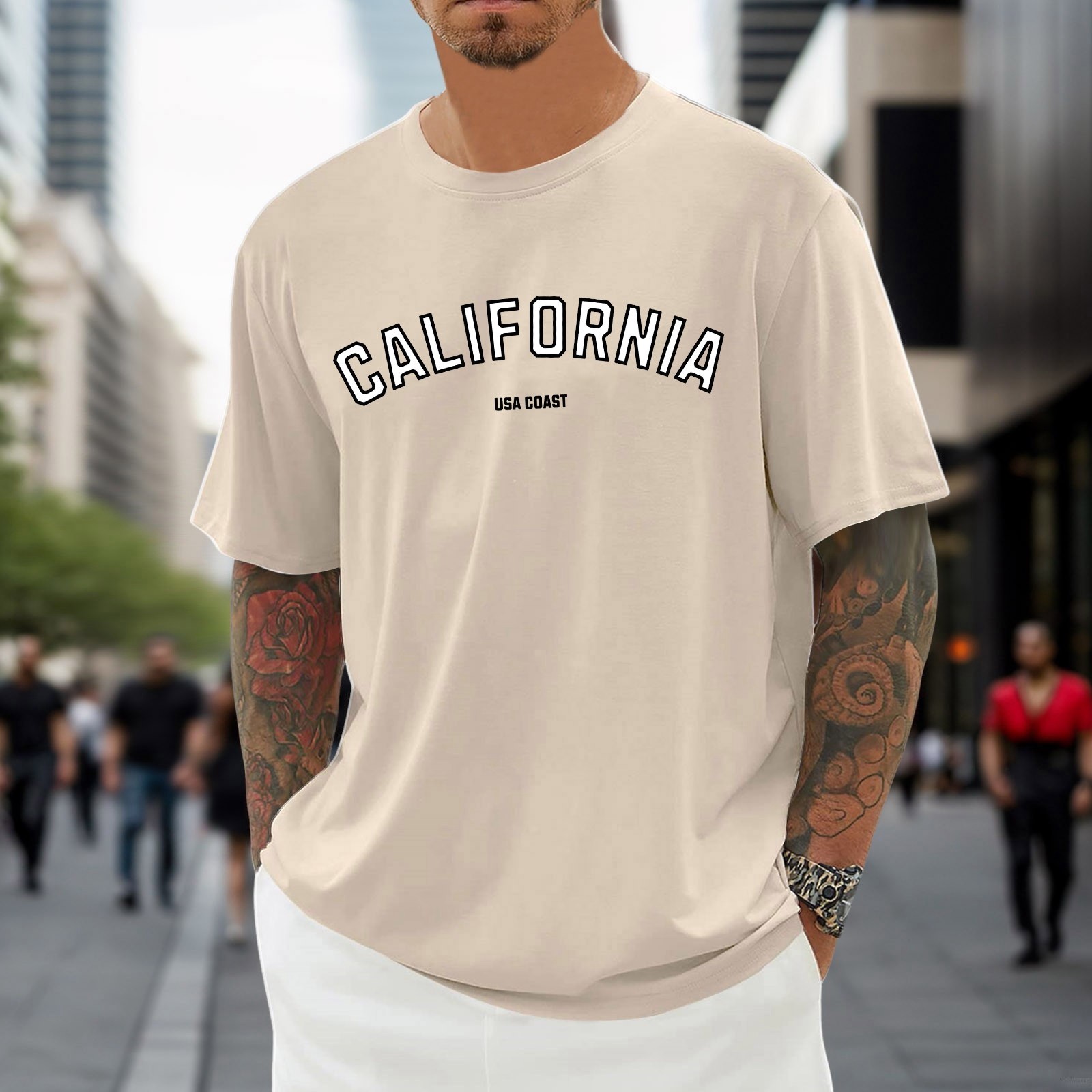 thumbnail image 3 of Camiseta oversize de verano para hombre - Cuello redondo y manga corta con estampado urbano - Camiseta deportiva holgada e informal, 3 of 5